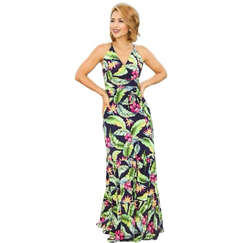Tropical sleevless maxi dress criss cross straps size medium